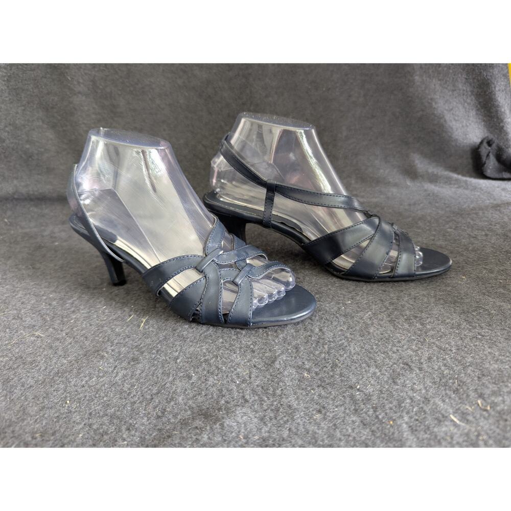 John Romain Ellen Navy Blue Strappy Slingback Kitten Heels Sandals Womens 8M